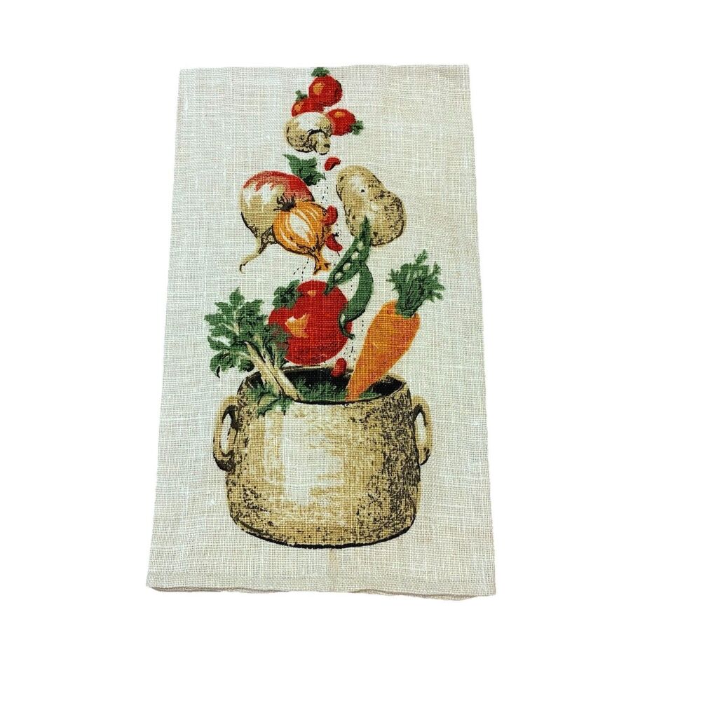 Vintage Linen Tea Hand Towel Retro Kitchen Vegetables In A Pot Never Used 17x30